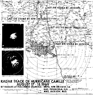 Radar images and local map of Camille's eye as it made landfall and tracked inland.  (NOAA)