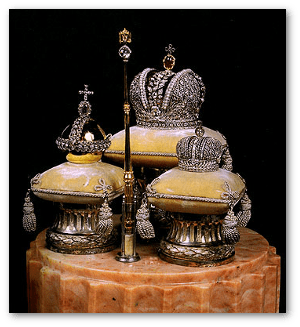 Faberge jeweled miniatures of the Great Crown, Lesser Crown, Orb and Scepter and now on display at the Hermitage.  Source
