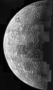 Per NASA, "Mariner 10 mosaic of Mercury taken during the approach to the first encounter. This mosaic was made of 18 pictures taken at 42 second intervals 6 hours before closest approach. The lower two-thirds of the visible portion is the southern hemisphere of Mercury. The resolution is about 2 km."