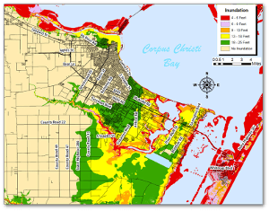 Potential storm surge map for the Corpus Christi Bay area in Texas.  Read the legend  - green does not mean "safe."  Source