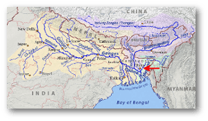 Note how most of that water passes near Dhaka to the east and west.